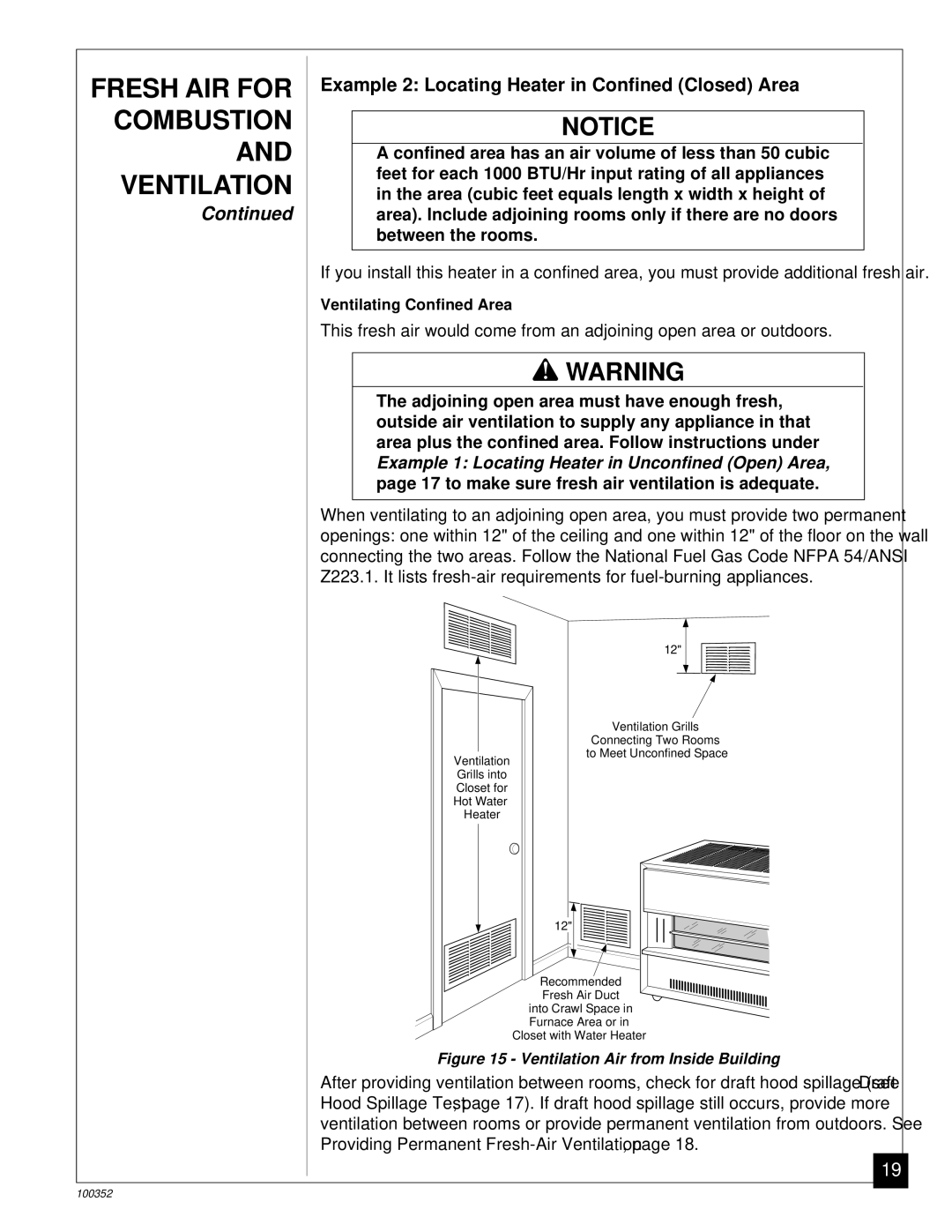 Desa CGB35P, CGB50P installation manual Example 2 Locating Heater in Confined Closed Area 