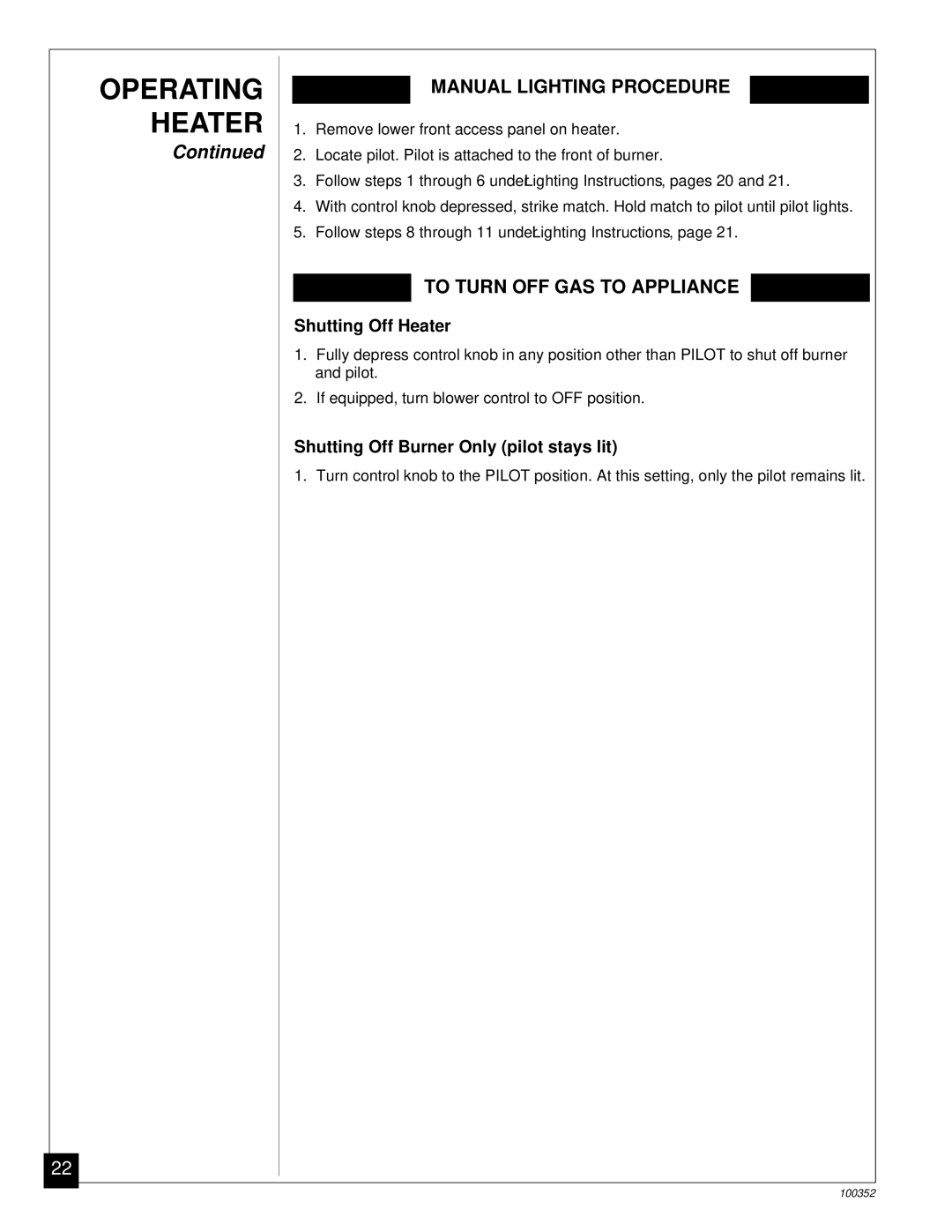 Desa CGB50P, CGB35P installation manual Manual Lighting Procedure, To Turn OFF GAS to Appliance, Shutting Off Heater 
