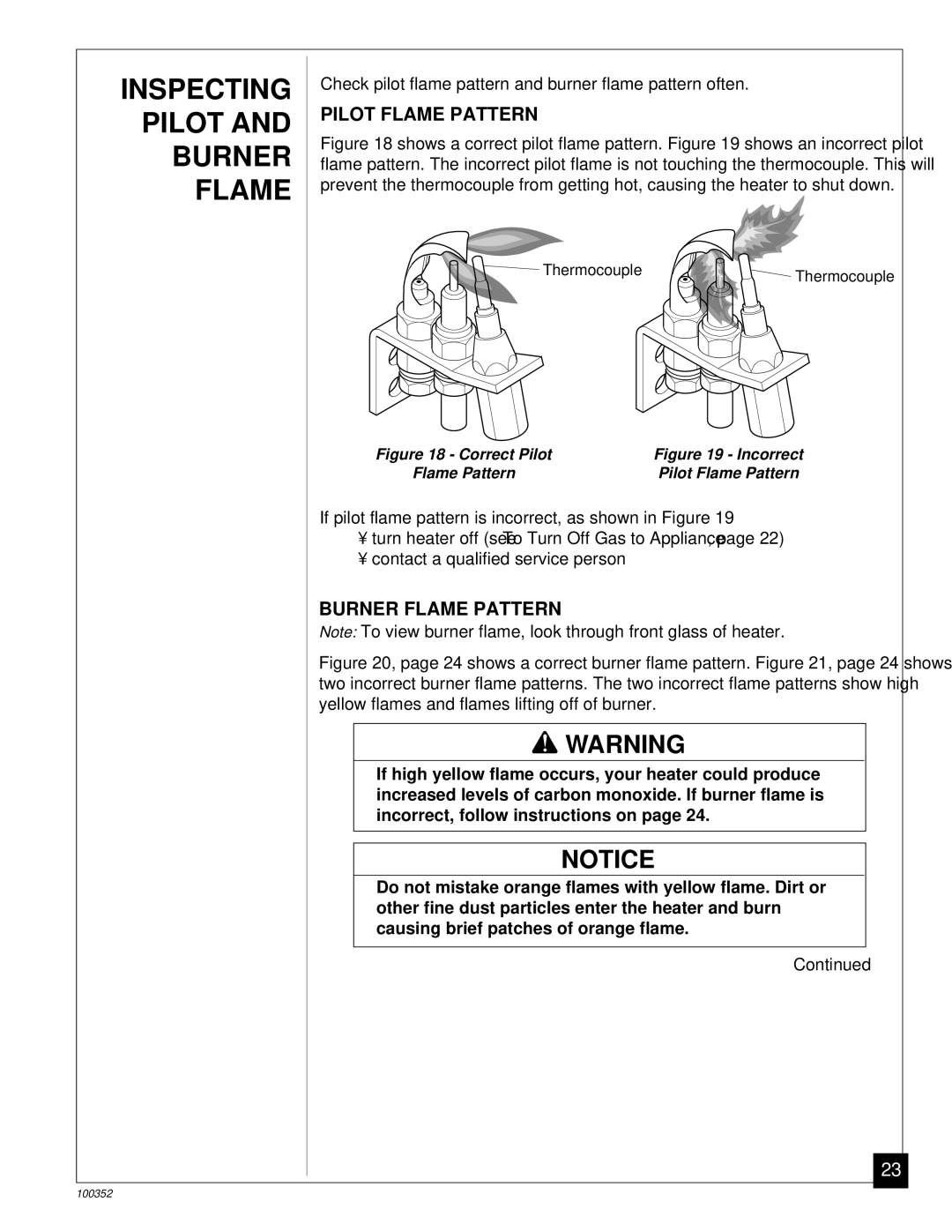 Desa CGB35P, CGB50P installation manual Inspecting Pilot and Burner Flame, Pilot Flame Pattern, Burner Flame Pattern 