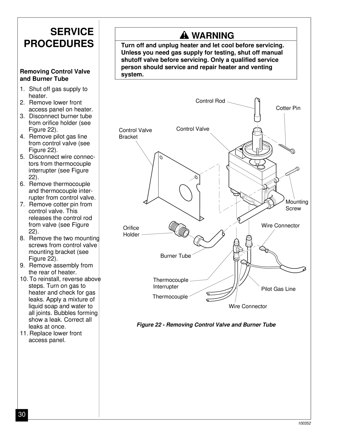 Desa CGB50P, CGB35P installation manual Service Procedures, Removing Control Valve and Burner Tube 