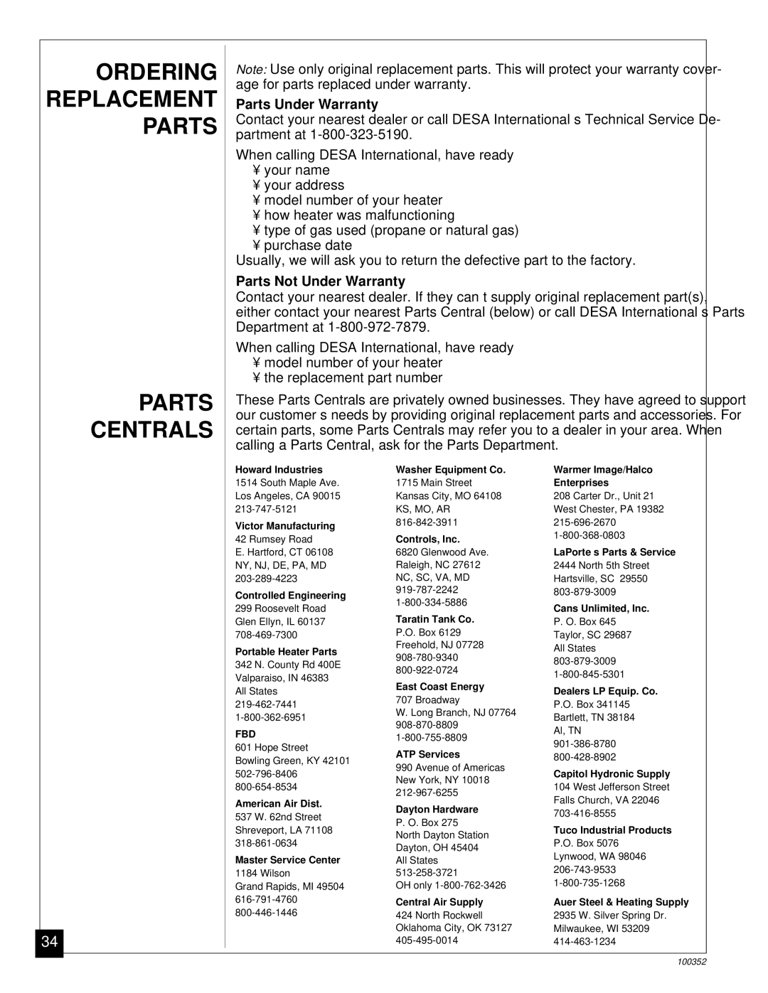 Desa CGB50P, CGB35P installation manual Ordering Replacement Parts Centrals, Parts Under Warranty, Parts Not Under Warranty 