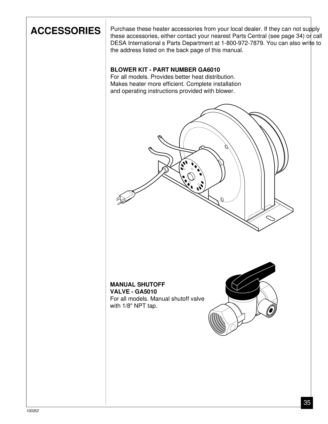 Desa CGB35P, CGB50P installation manual Accessories, Valve GA5010 