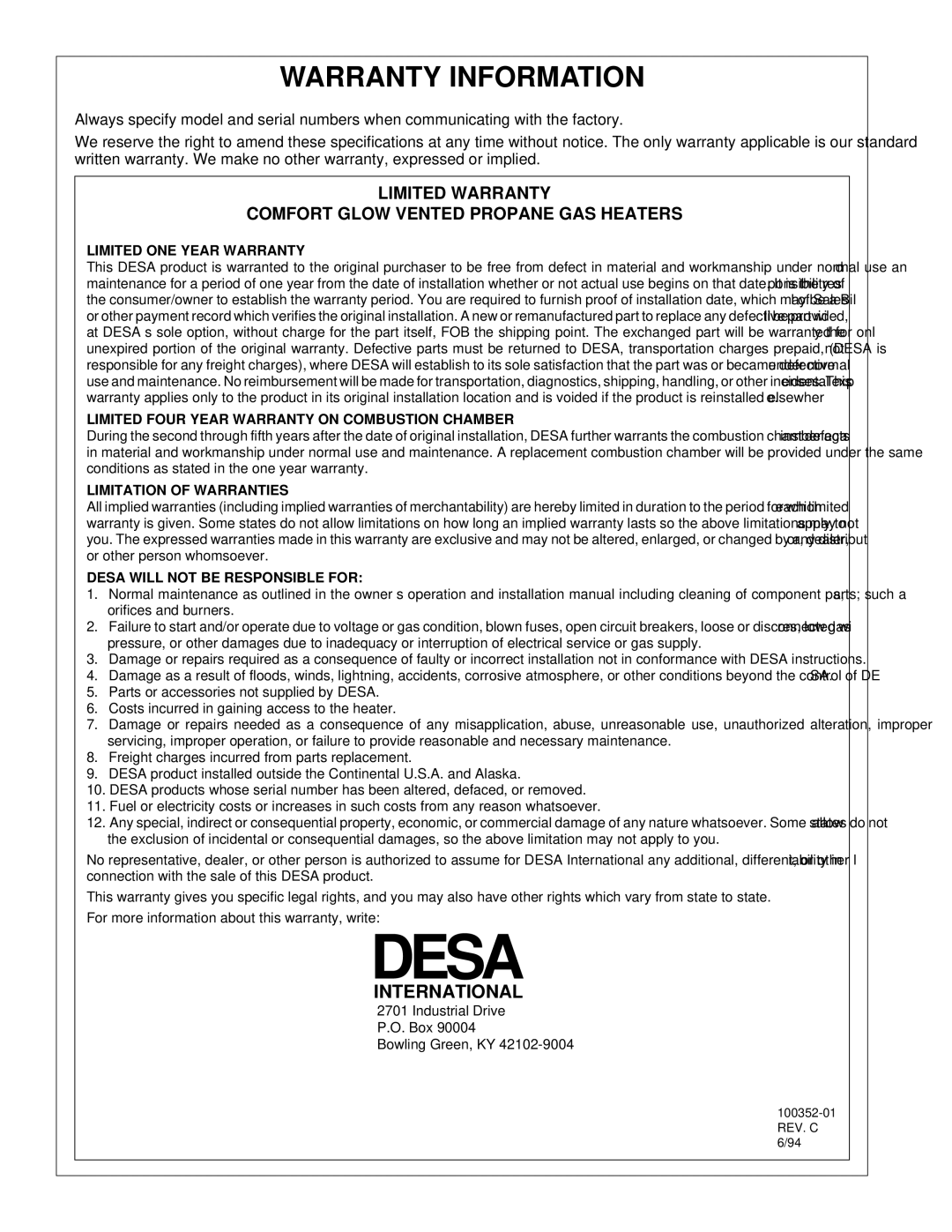 Desa CGB50P, CGB35P installation manual Warranty Information, International 