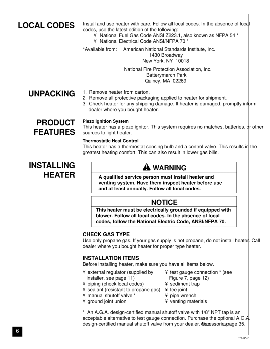 Desa CGB50P, CGB35P installation manual Local Codes Unpacking Product Features, Check GAS Type, Installation Items 