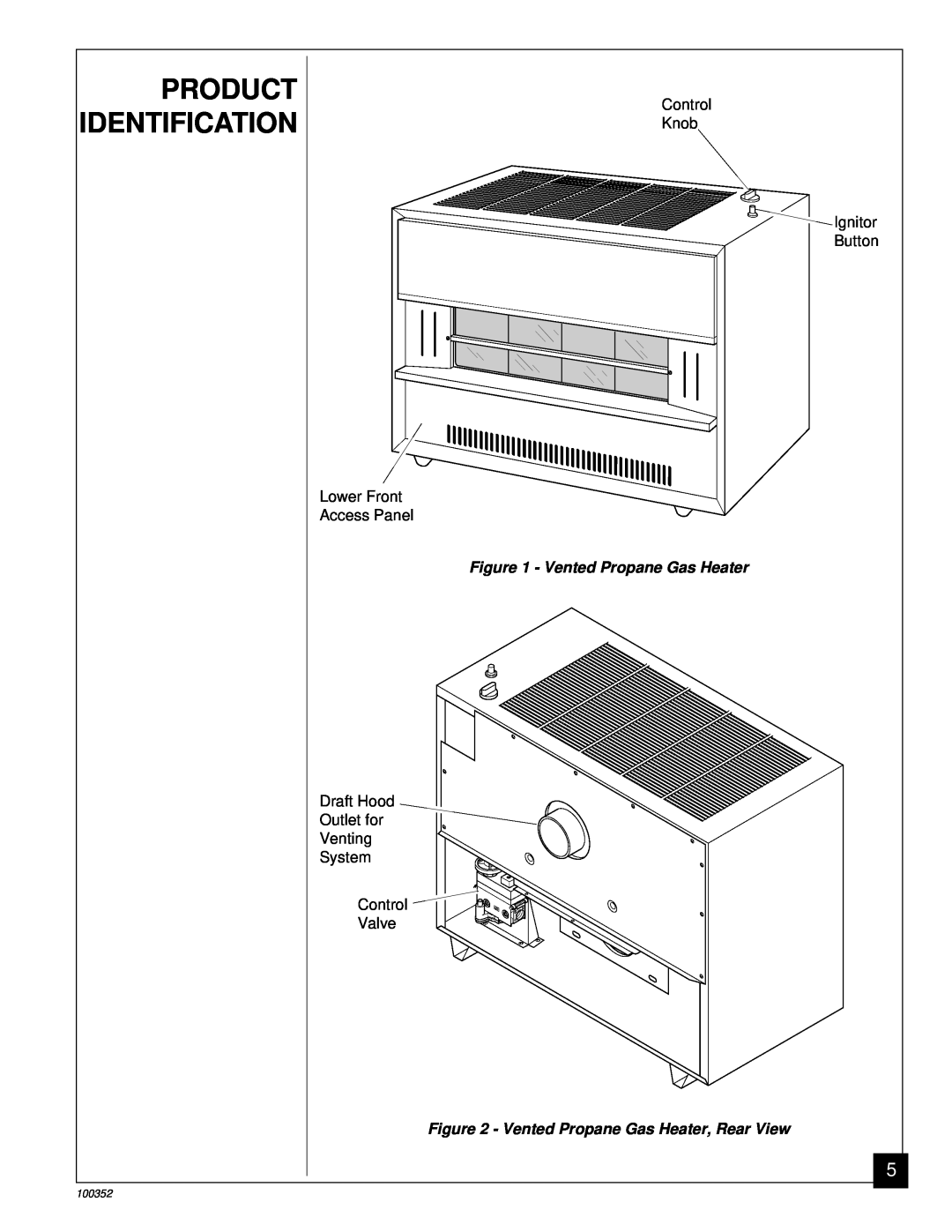 Desa CGB35P, CGB50P installation manual Product Identification, Vented Propane Gas Heater, Rear View, 100352 
