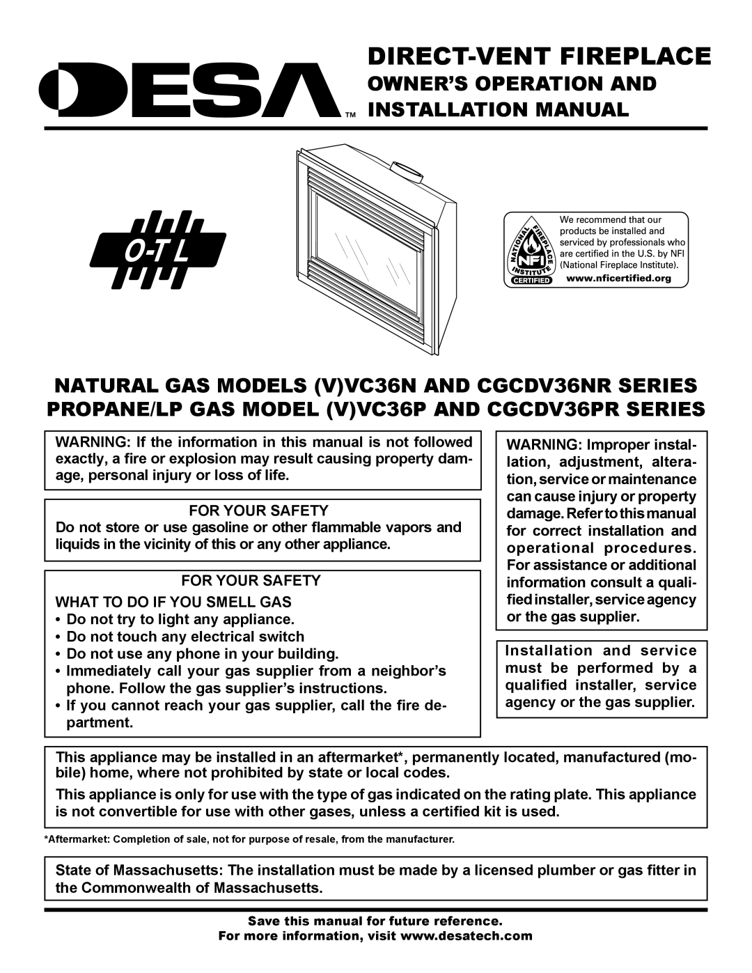 Desa (V)VC36P installation manual For Your Safety What to do if YOU Smell GAS, Save this manual for future reference 