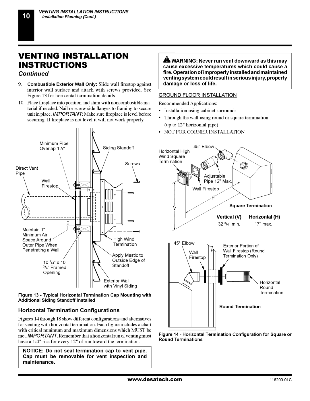 Desa (V)VC36P, VC36N, VC36P, CGCDV36NR, CGCDV36PR Horizontal Termination Conﬁgurations, Vertical Horizontal H 