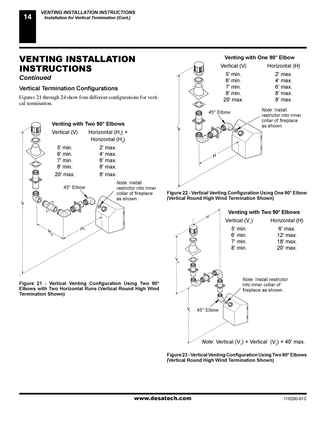 Desa VC36N, VC36P, CGCDV36NR, CGCDV36PR, (V)VC36P Vertical Termination Conﬁgurations, Venting with One 90 Elbow 