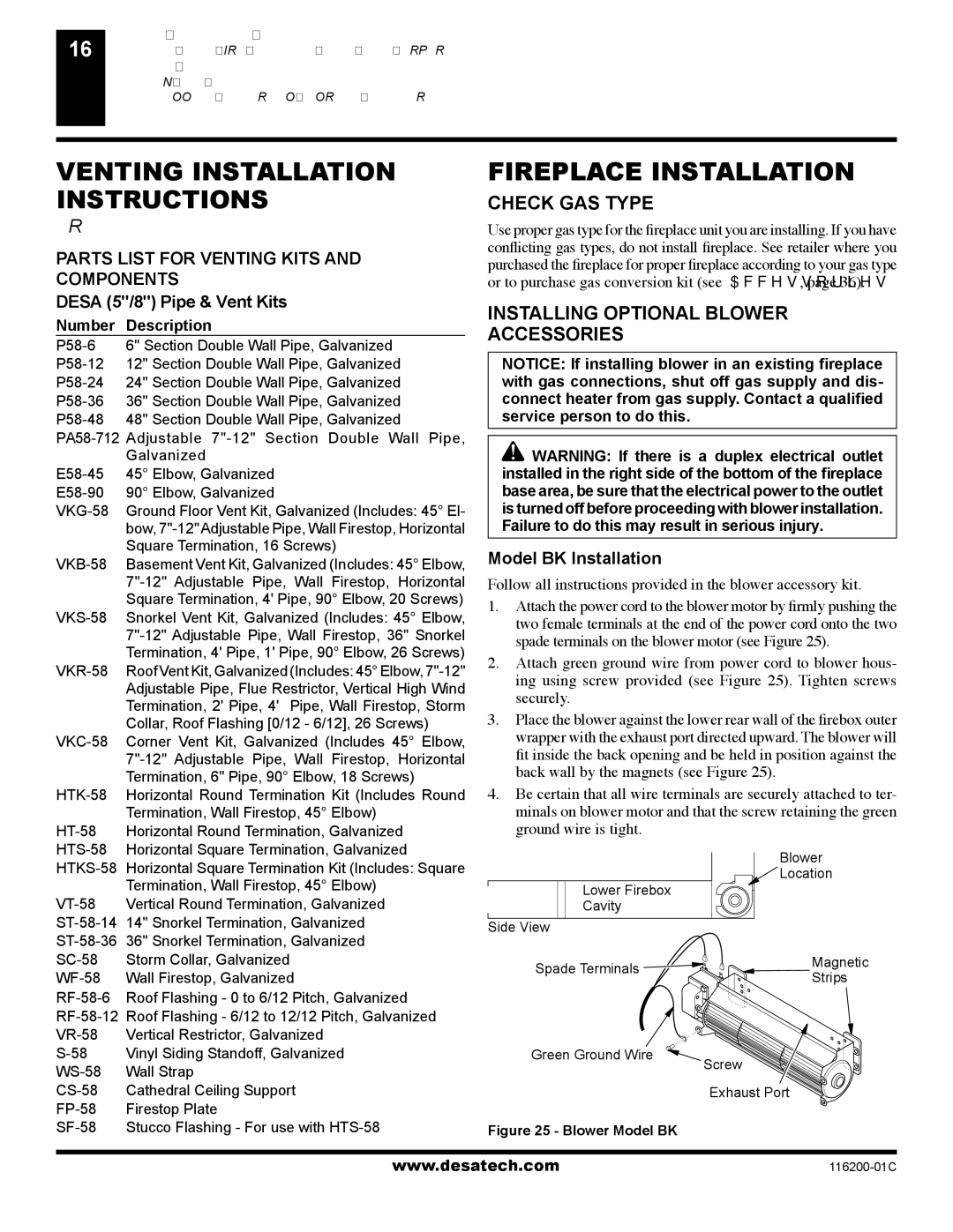 Desa (V)VC36P Venting Installation, Fireplace Installation, Check GAS Type, Installing Optional Blower Accessories 