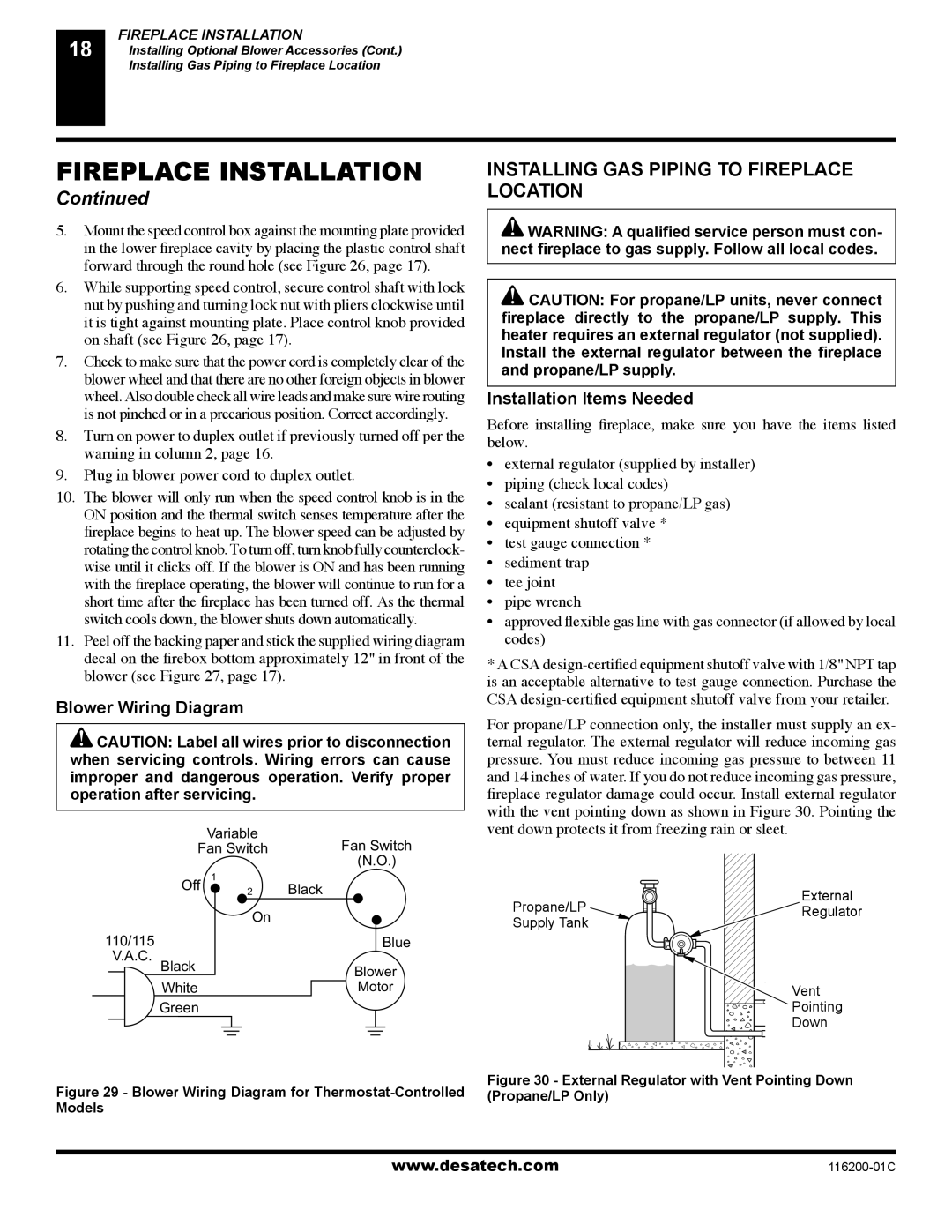 Desa CGCDV36NR, (V)VC36P Installing GAS Piping to Fireplace Location, Blower Wiring Diagram, Installation Items Needed 