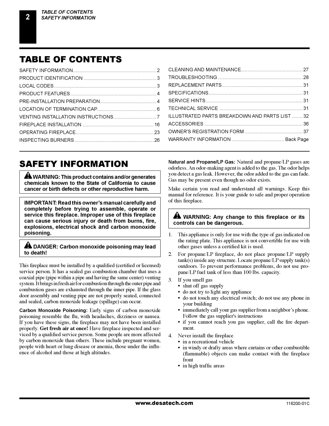 Desa VC36N, VC36P, CGCDV36NR, CGCDV36PR, (V)VC36P installation manual Table of Contents, Safety Information 