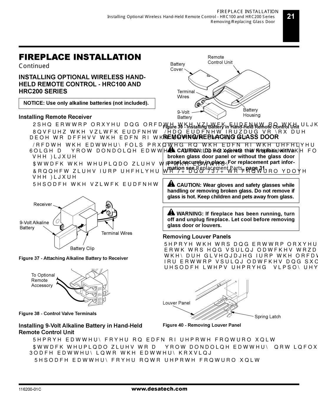 Desa CGCDV36NR, (V)VC36P REMOVING/REPLACING Glass Door, Installing Remote Receiver, Removing Louver Panels 