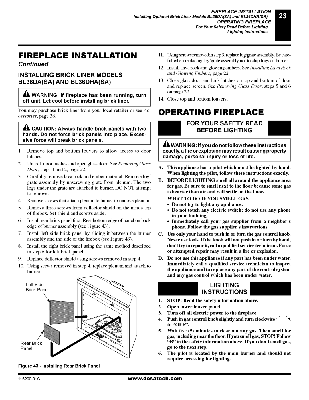 Desa VC36N, VC36P, CGCDV36NR, CGCDV36PR Operating Fireplace, Installing Brick Liner Models BL36DASA and BL36DHASA 