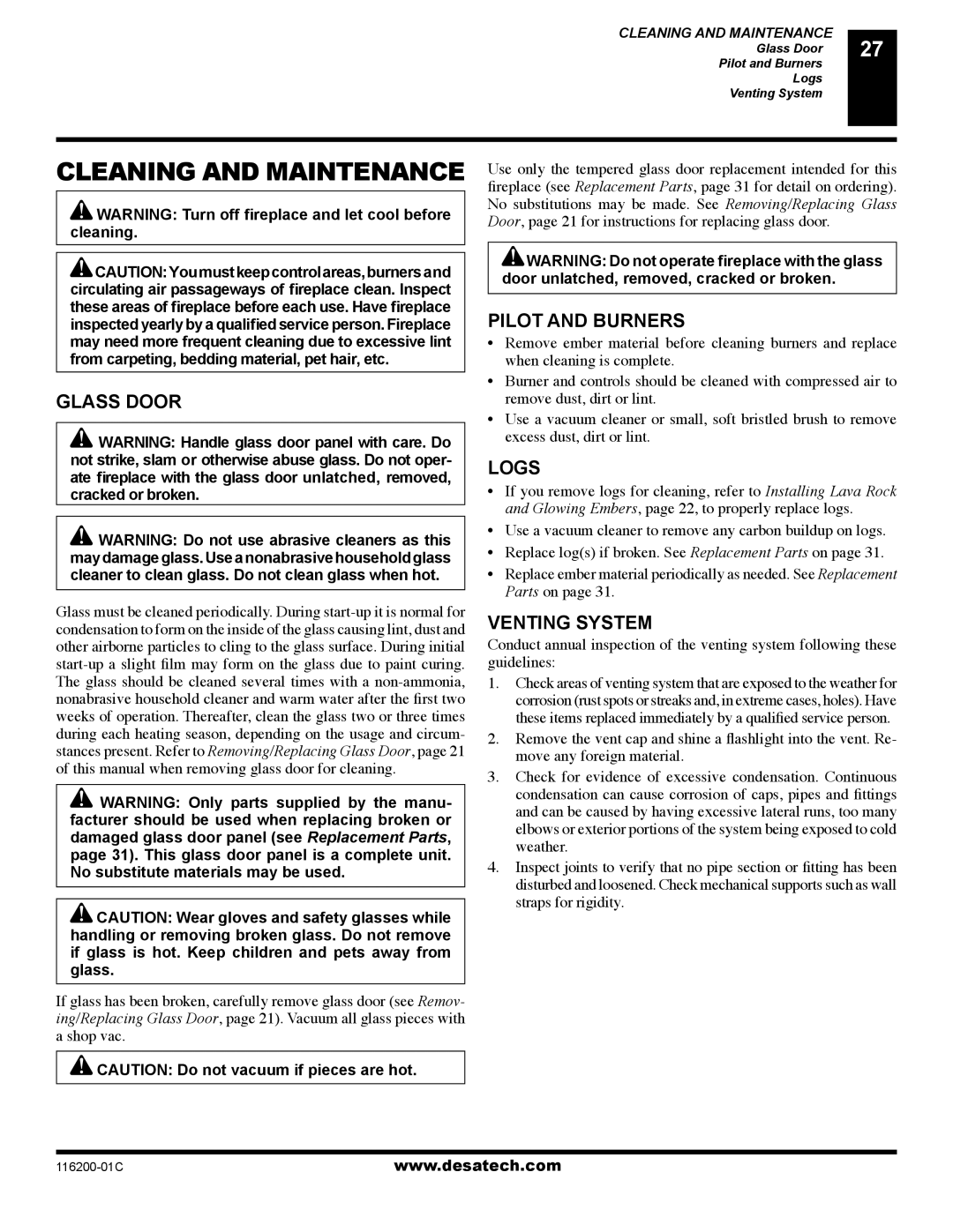 Desa CGCDV36NR, (V)VC36P installation manual Cleaning and Maintenance, Glass Door, Pilot and Burners, Logs, Venting System 