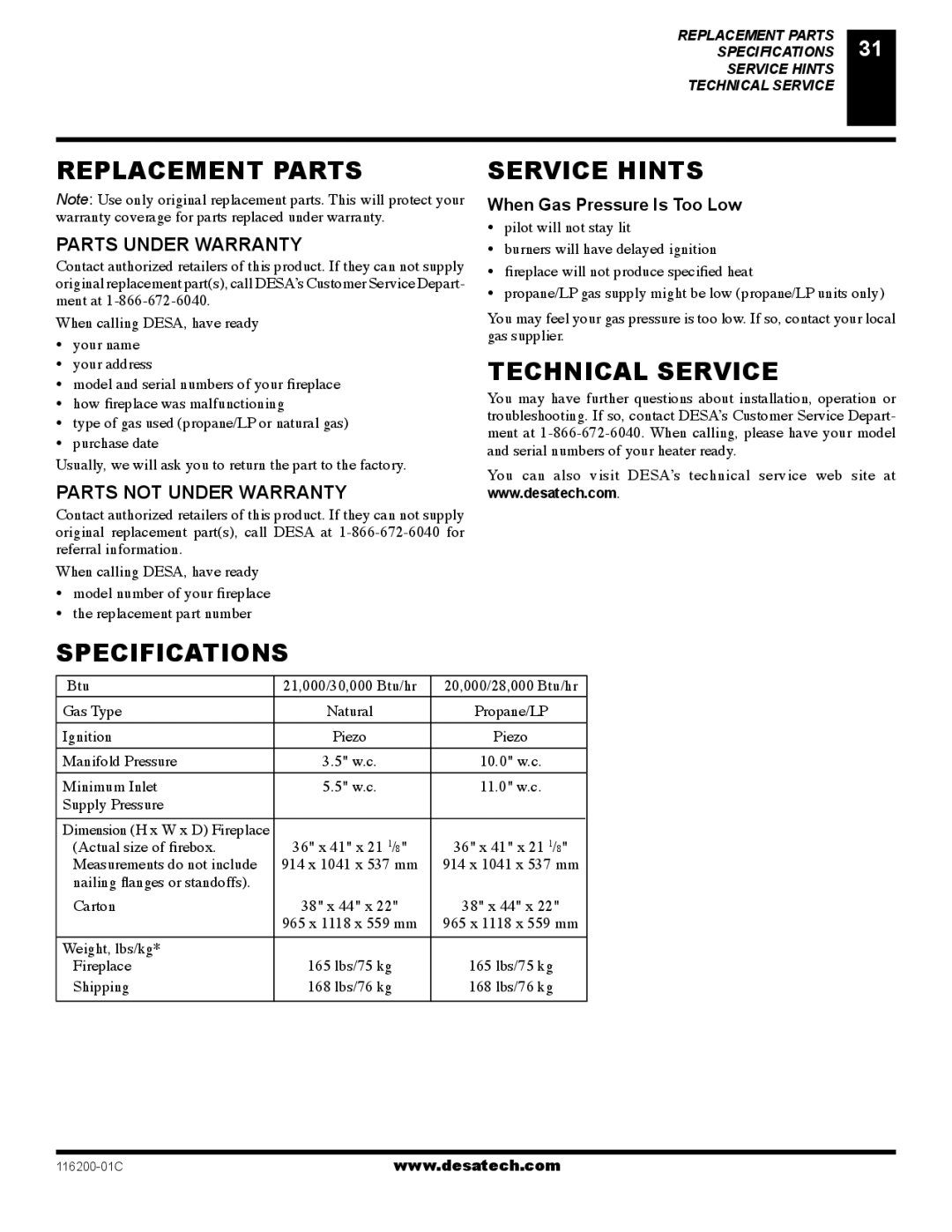 Desa (V)VC36P, CGCDV36NR installation manual Replacement Parts, Service Hints, Technical Service, Specifications 