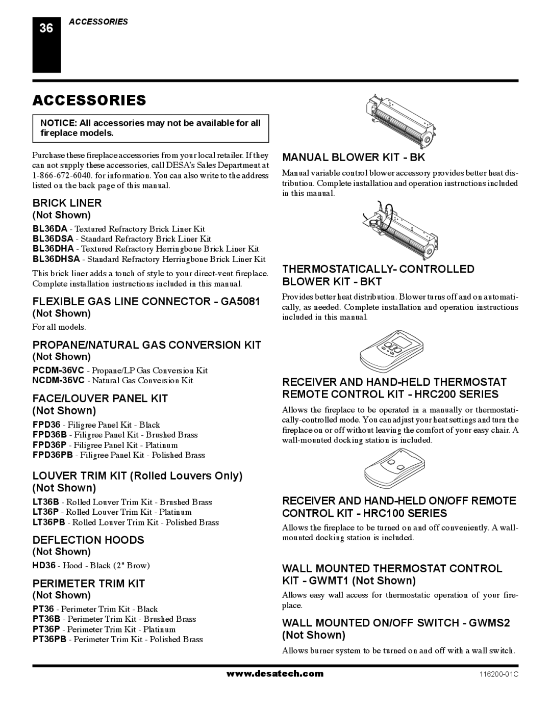 Desa (V)VC36P, VC36N, VC36P, CGCDV36NR, CGCDV36PR installation manual Accessories 