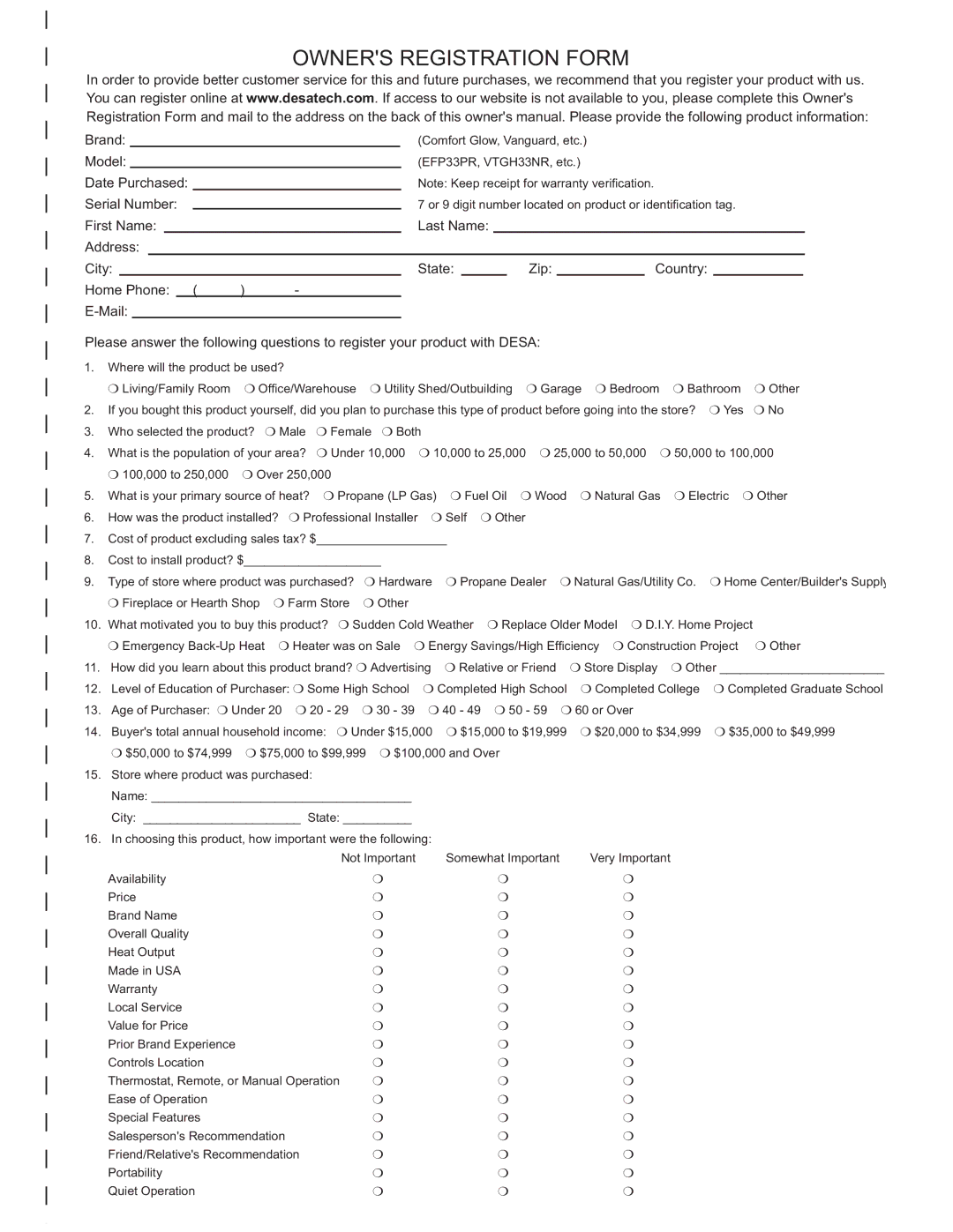 Desa (V)VC36P, VC36N, VC36P, CGCDV36NR, CGCDV36PR installation manual Owners Registration Form 