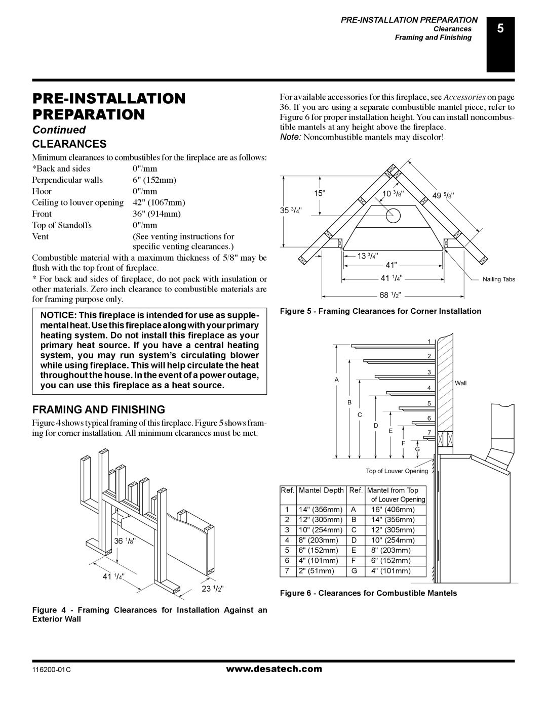 Desa VC36N, VC36P, CGCDV36NR, CGCDV36PR, (V)VC36P installation manual Clearances, Framing and Finishing 