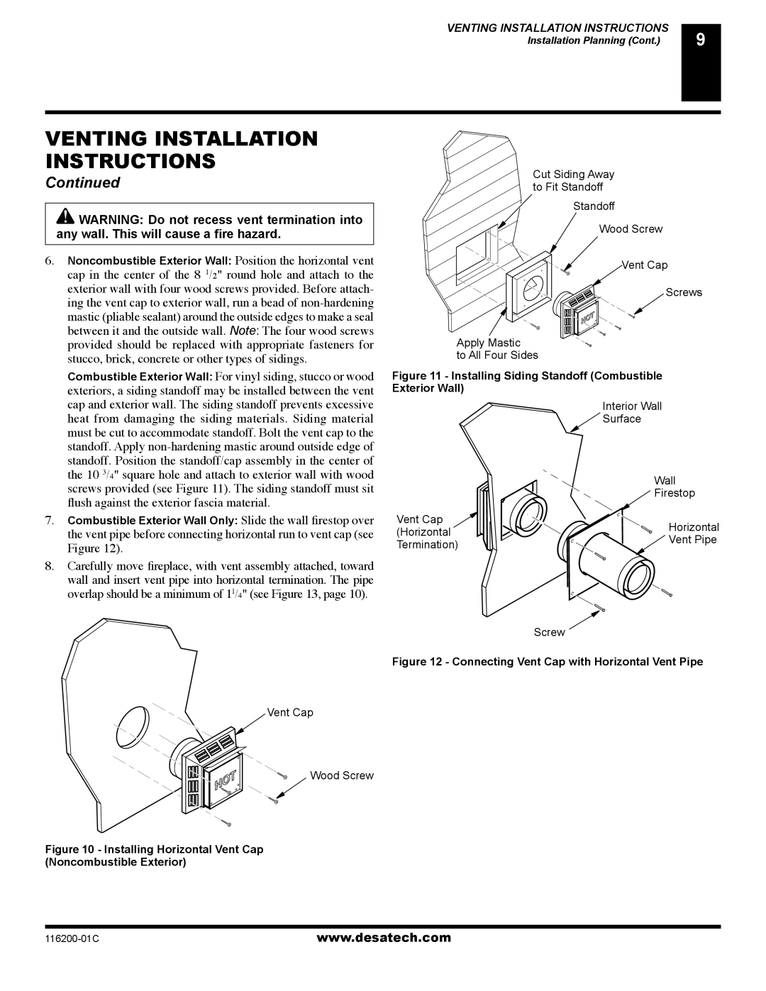 Desa (V)VC36P, VC36N, VC36P, CGCDV36NR, CGCDV36PR installation manual Installing Siding Standoff Combustible 