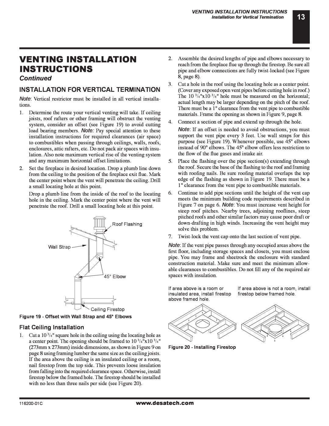 Desa (V)VC36P Installation For Vertical Termination, Flat Ceiling Installation, Venting Installation Instructions 