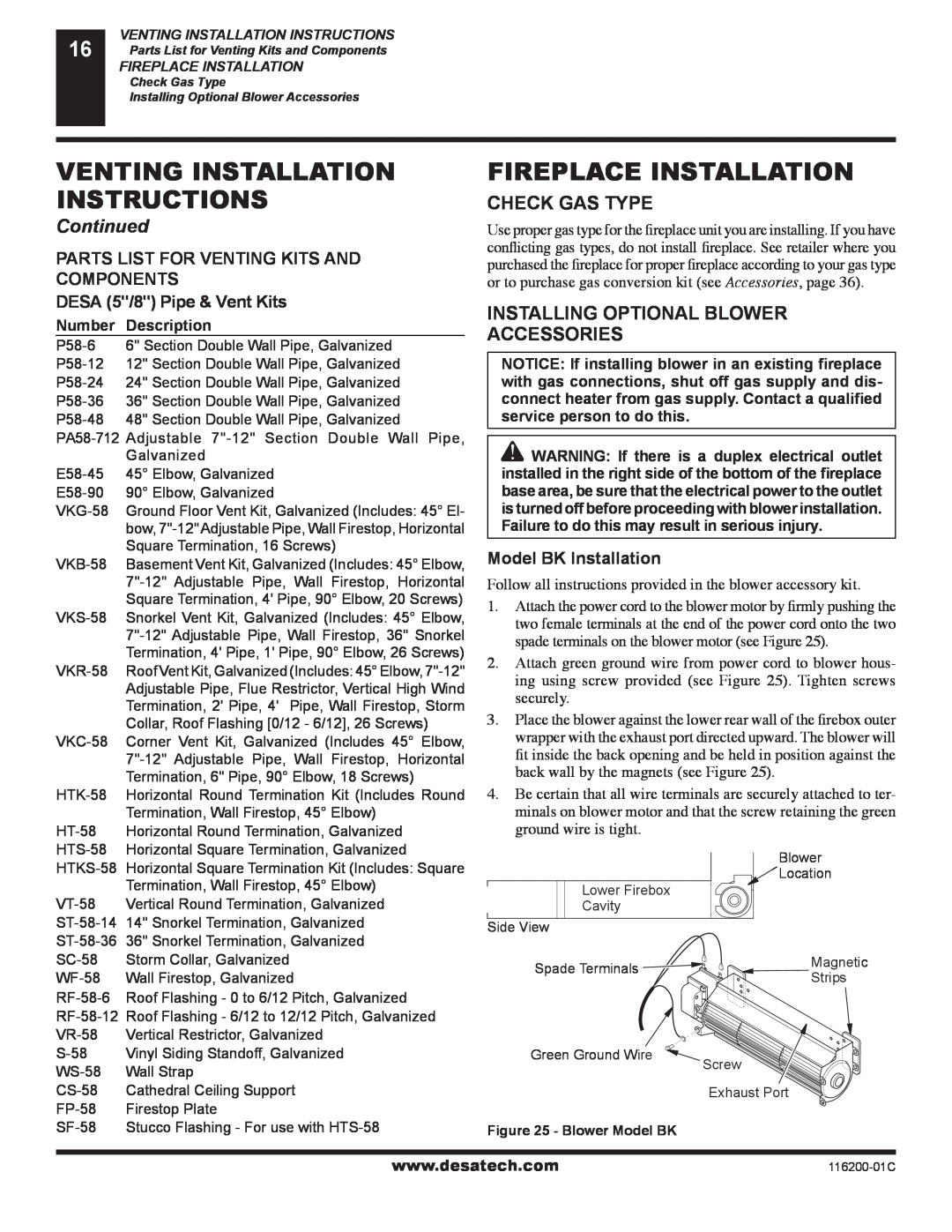 Desa (V)VC36P Venting Installation, Instructions, Fireplace Installation, Check Gas Type, Parts List For Venting Kits And 