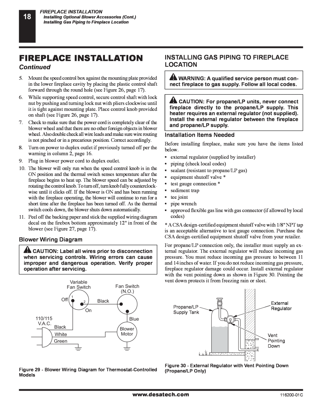 Desa CGCDV36NR Installing Gas Piping To Fireplace Location, Blower Wiring Diagram, Installation Items Needed, Continued 