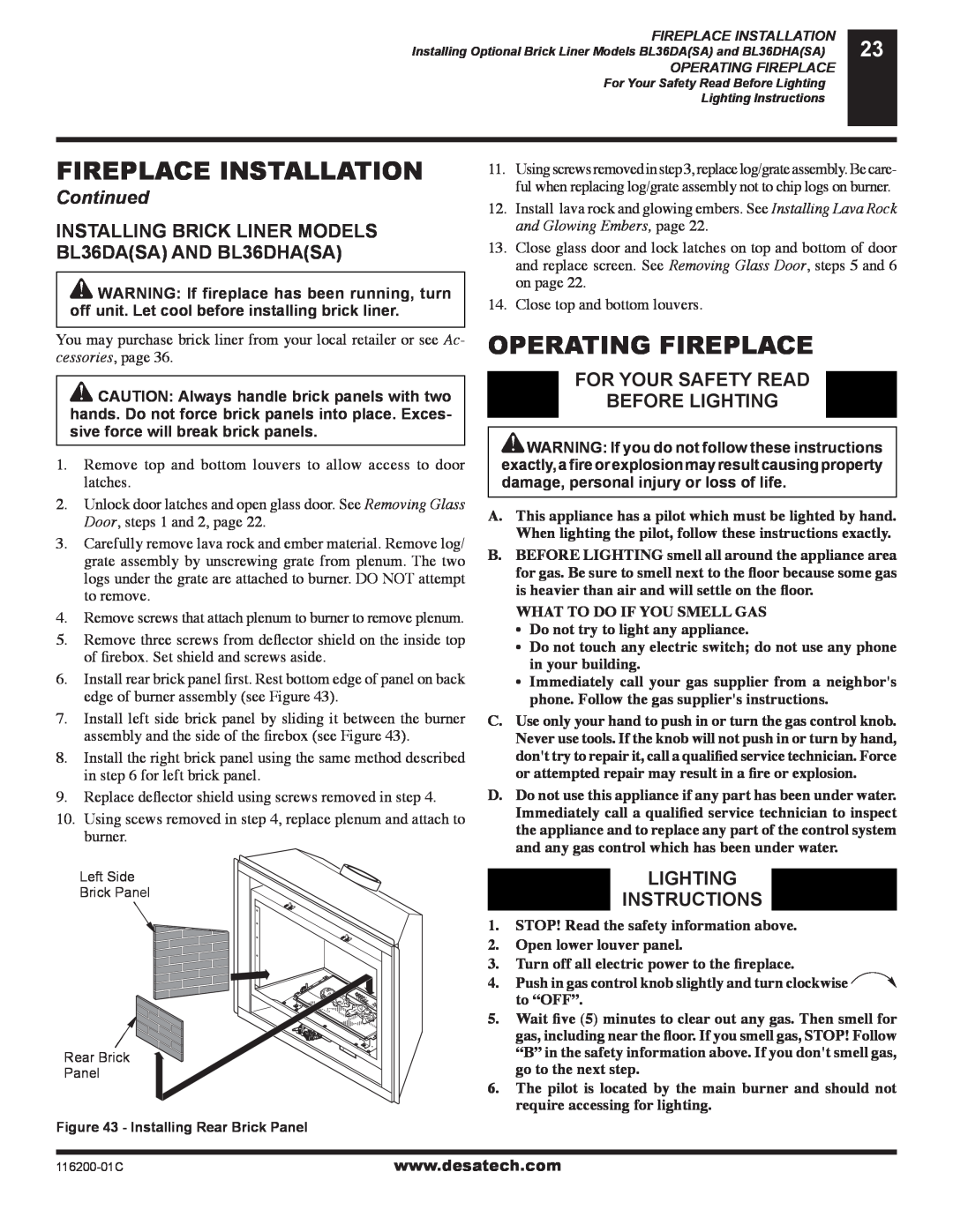 Desa VC36N, VC36P, CGCDV36NR, CGCDV36PR Operating Fireplace, For Your Safety Read Before Lighting, Lighting Instructions 