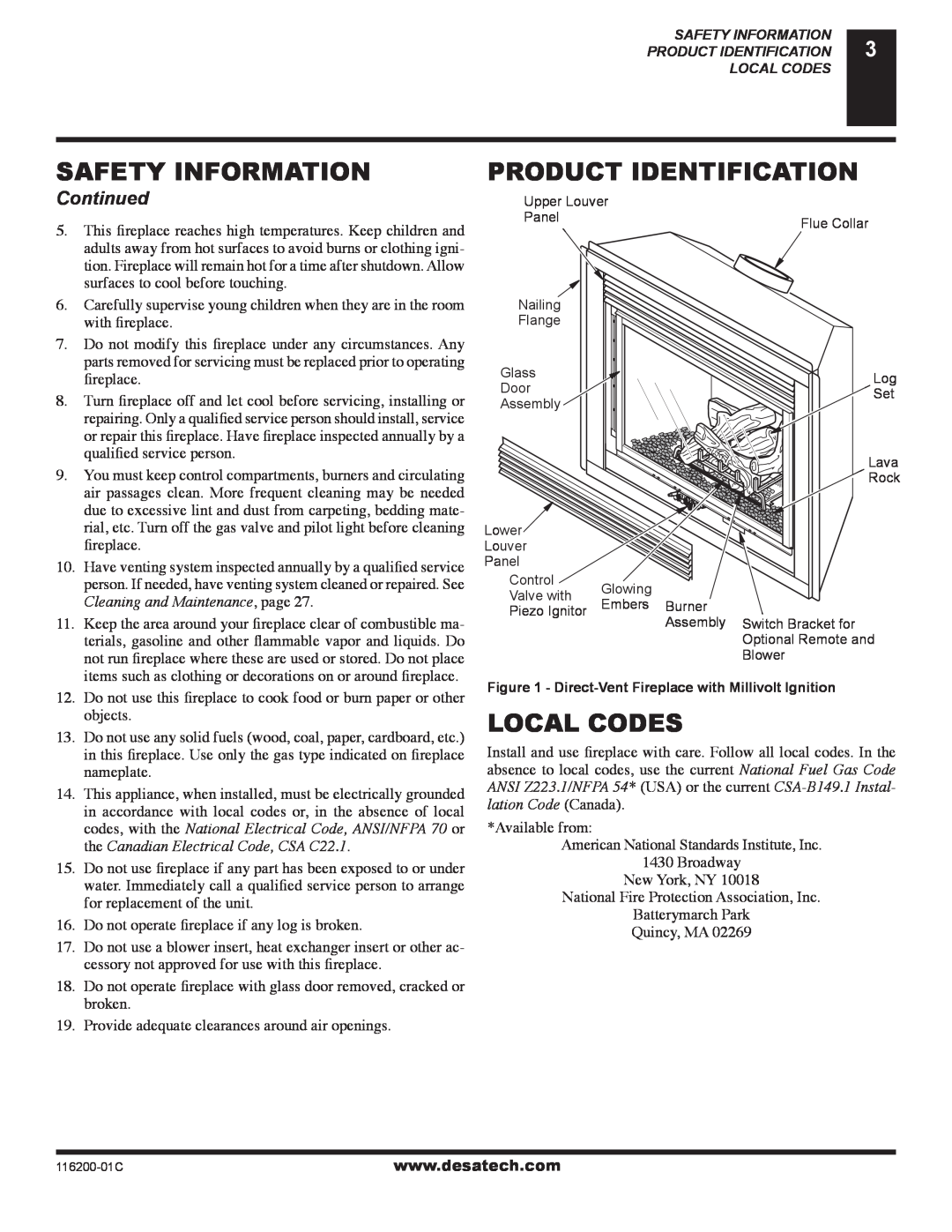 Desa CGCDV36NR Product Identification, Local Codes, Continued, Cleaning and Maintenance, page, Safety Information 