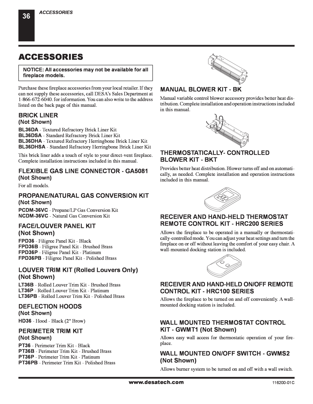 Desa CGCDV36NR Accessories, Brick Liner, FLEXIBLE GAS LINE CONNECTOR - GA5081, Manual Blower Kit - Bk, Deflection Hoods 