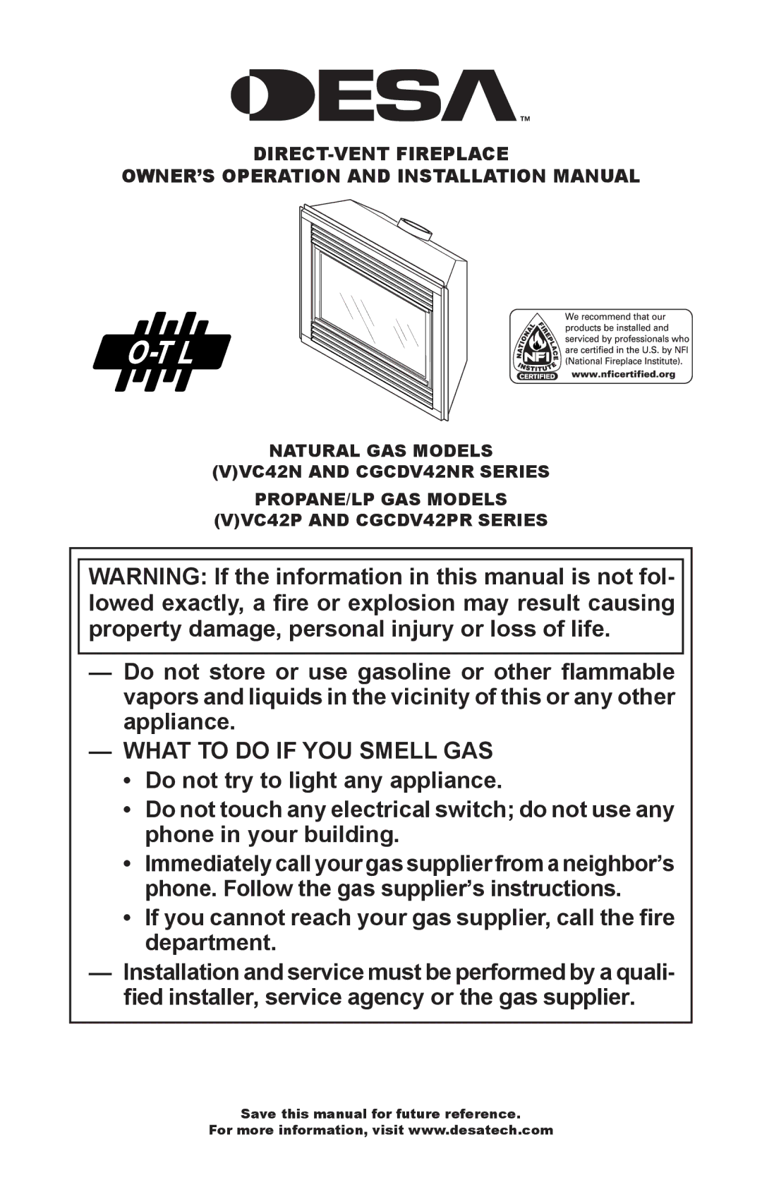 Desa CGCDV42NR, CGCDV42PR, VC42N, VC42P installation manual What to do if YOU Smell GAS 