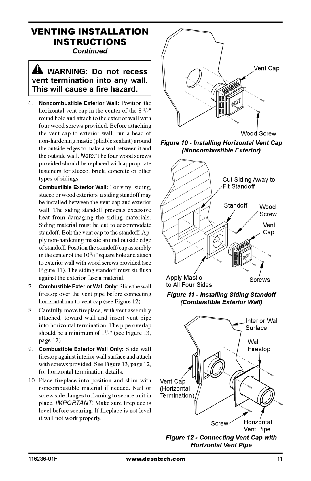 Desa CGCDV42NR, CGCDV42PR, VC42N, VC42P installation manual Installing Horizontal Vent Cap Noncombustible Exterior 