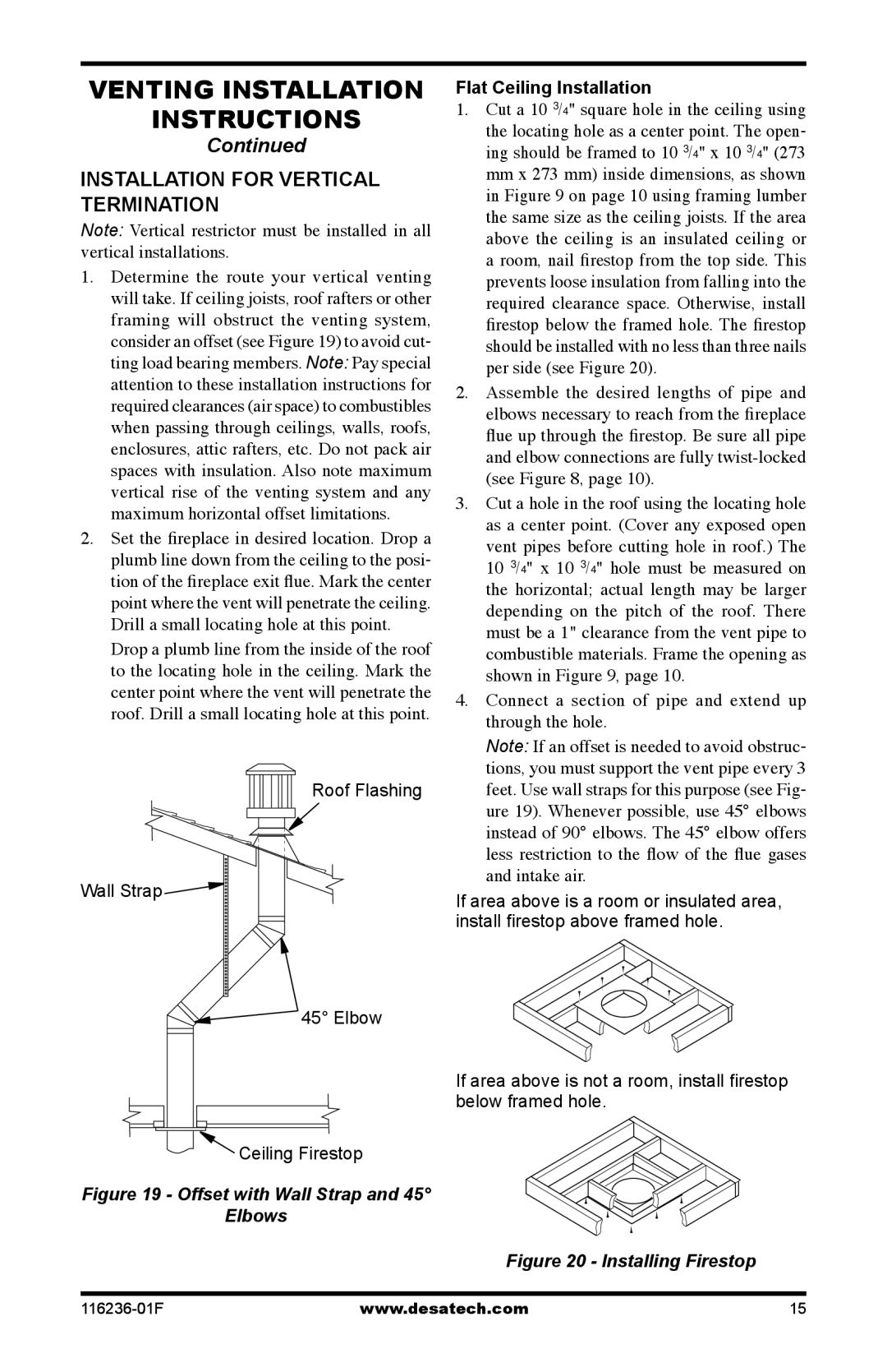 Desa CGCDV42NR, CGCDV42PR, VC42N, VC42P Installation for vertical termination, Flat Ceiling Installation 