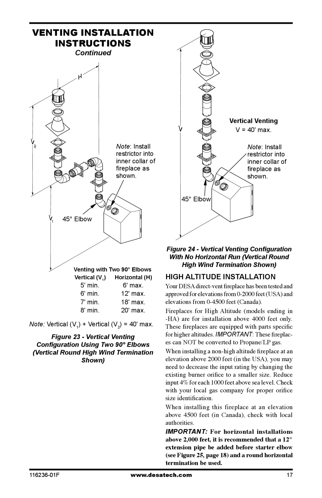 Desa CGCDV42NR, CGCDV42PR, VC42N, VC42P installation manual High Altitude Installation, Vertical Venting 