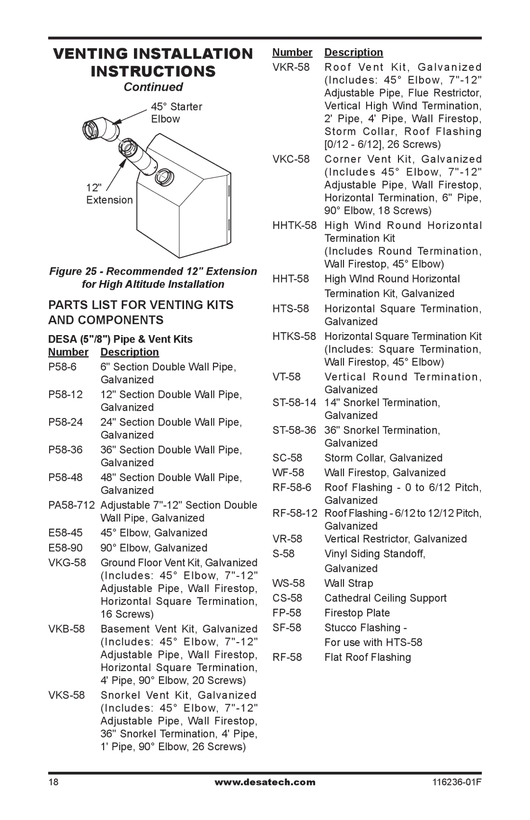 Desa VC42P, VC42N Parts list for venting kits and components, Desa 5/8 Pipe & Vent Kits Number Description 