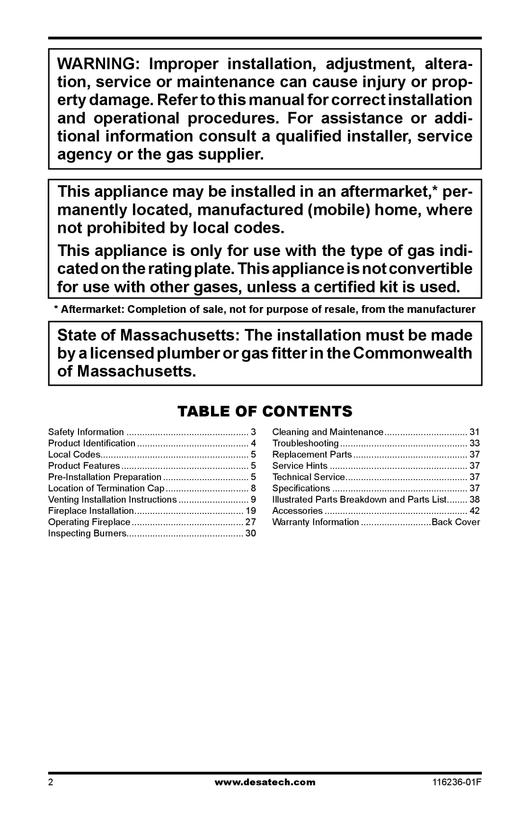 Desa CGCDV42NR, CGCDV42PR, VC42N, VC42P installation manual Table of Contents 