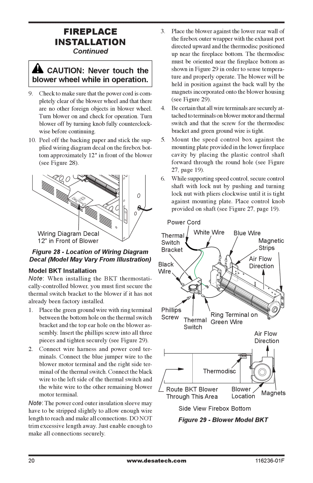 Desa CGCDV42NR, CGCDV42PR, VC42N, VC42P installation manual Model BKT Installation, Blower Model BKT 