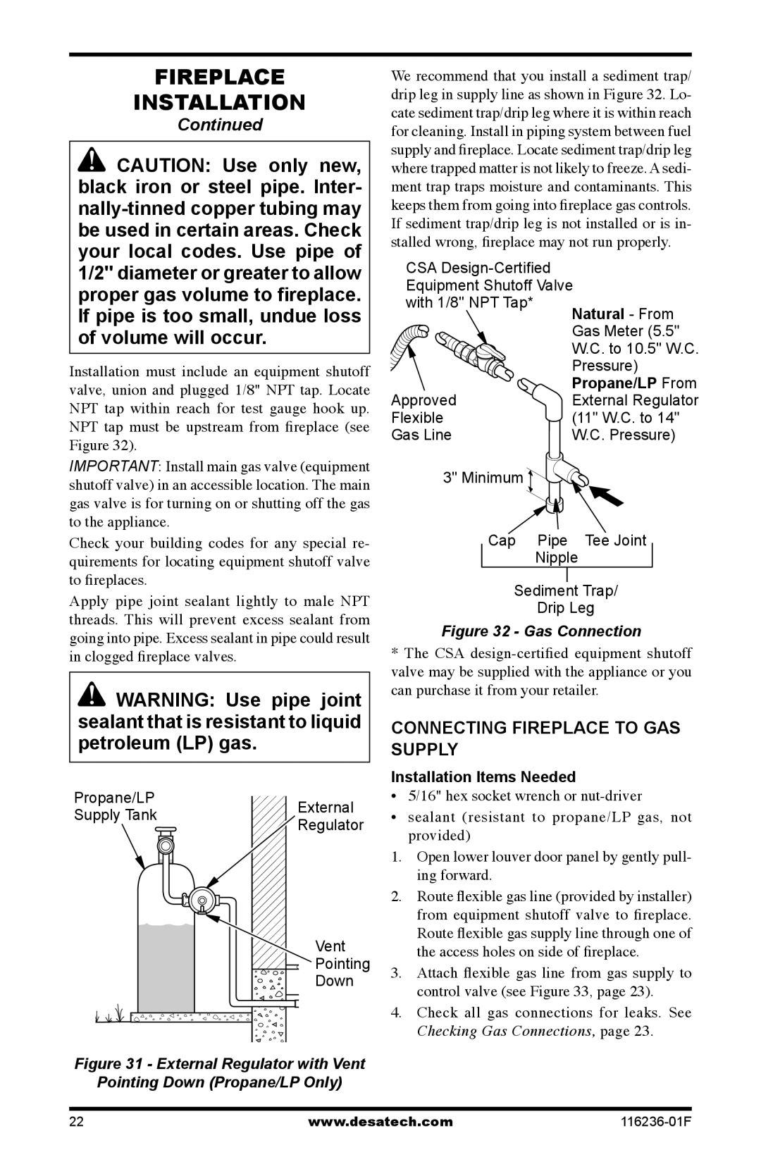 Desa VC42N, VC42P Connecting Fireplace to GAS Supply, Propane/LP Supply TankExternal Regulator Vent Pointing Down 