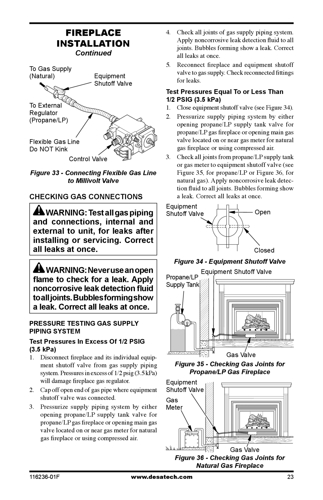 Desa CGCDV42NR, CGCDV42PR, VC42N, VC42P Checking GAS Connections, Test Pressures Equal To or Less Than Psig 3.5 kPa 