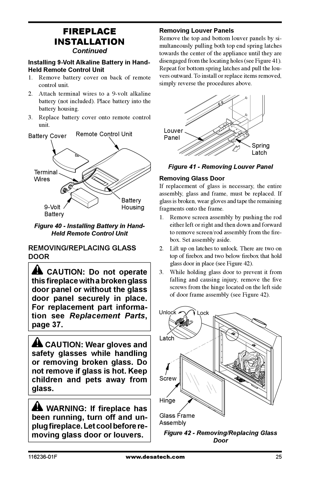 Desa VC42N, VC42P installation manual Removing/Replacing Glass Door, Removing Louver Panels, Removing Glass Door 