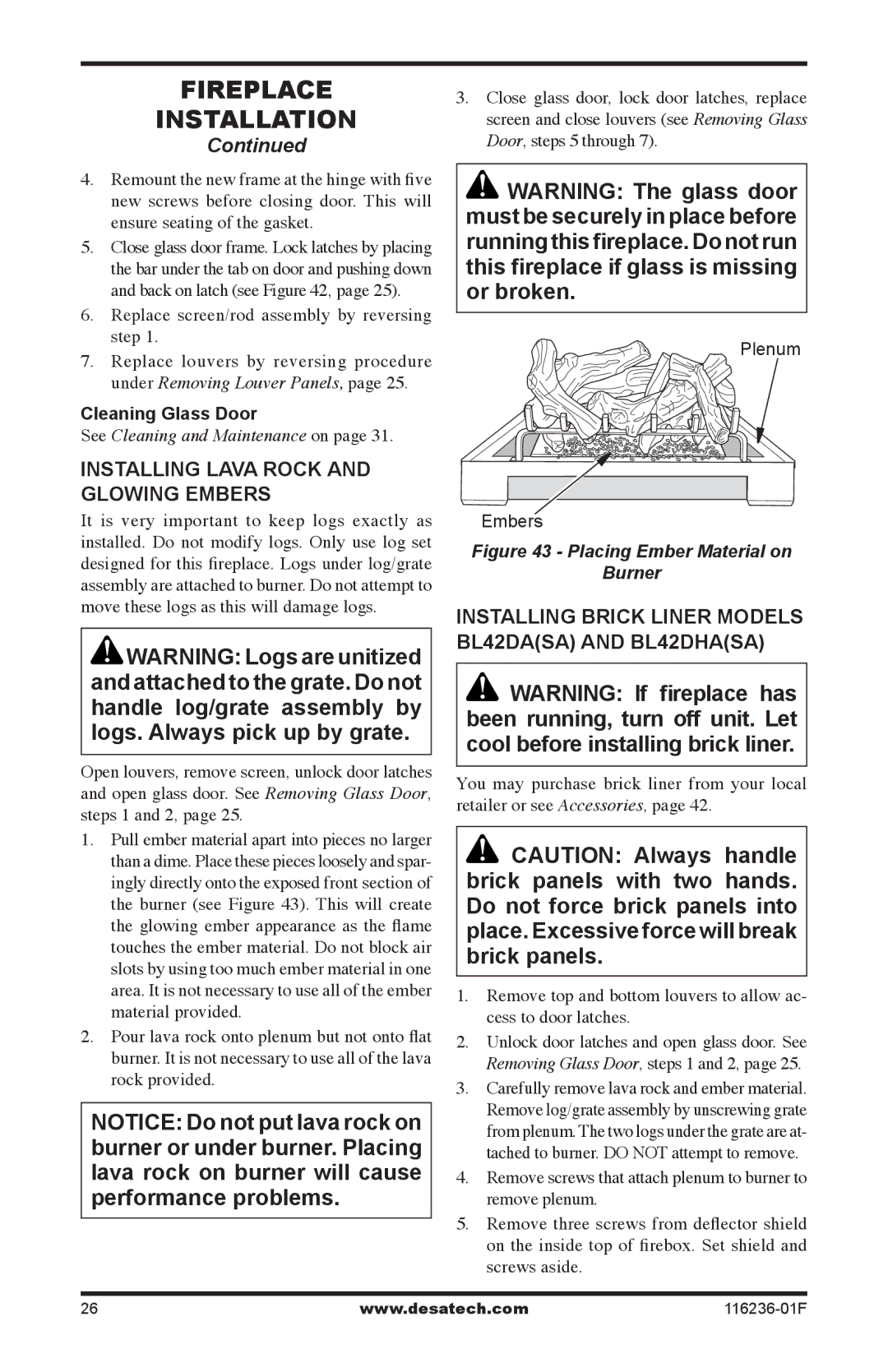 Desa CGCDV42NR, CGCDV42PR, VC42N, VC42P installation manual Installing lava rock and glowing embers, Cleaning Glass Door 