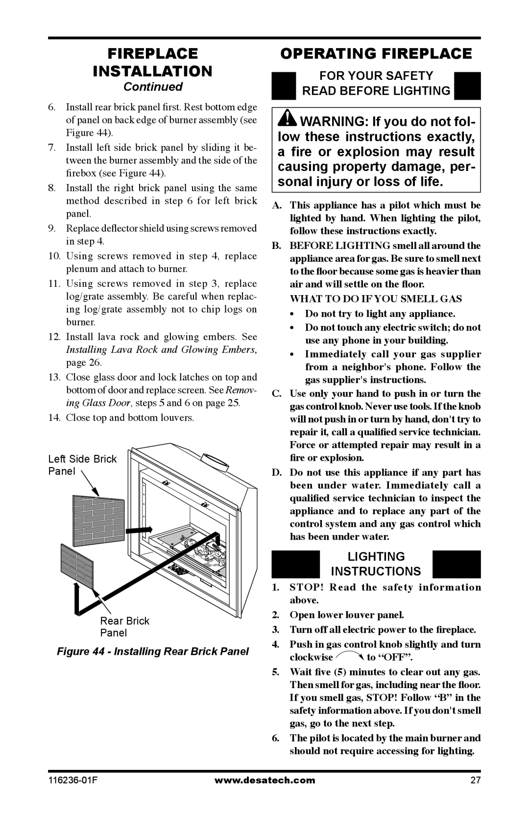 Desa VC42P Operating Fireplace, For your safety Read before lighting, Lighting Instructions, Close top and bottom louvers 