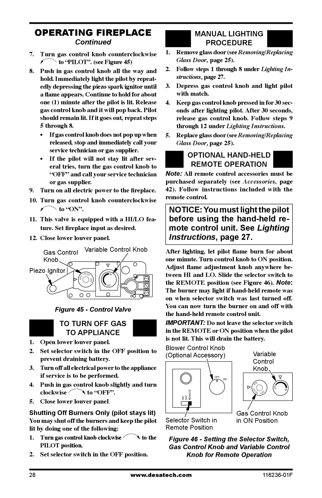 Desa VC42N, VC42P To Turn OFF GAS To Appliance, Manual Lighting Procedure, Optional Hand-Held, Remote Operation 