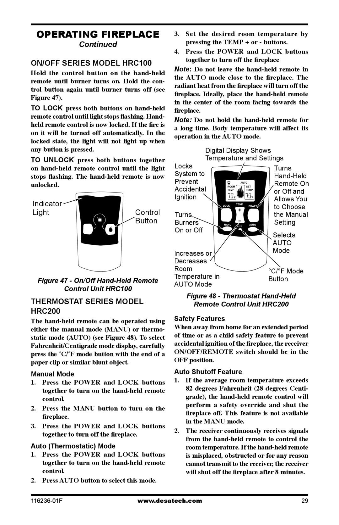 Desa CGCDV42NR, CGCDV42PR, VC42N, VC42P installation manual On/Off Series Model HRC100, Thermostat Series Model HRC200 