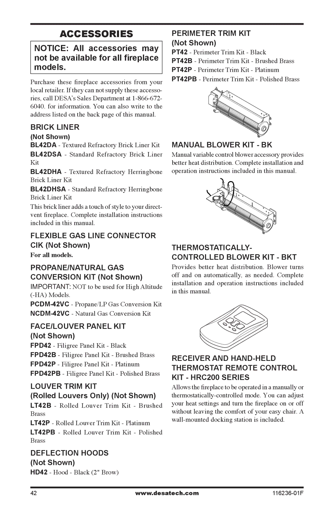 Desa CGCDV42NR, CGCDV42PR, VC42N, VC42P installation manual Accessories 