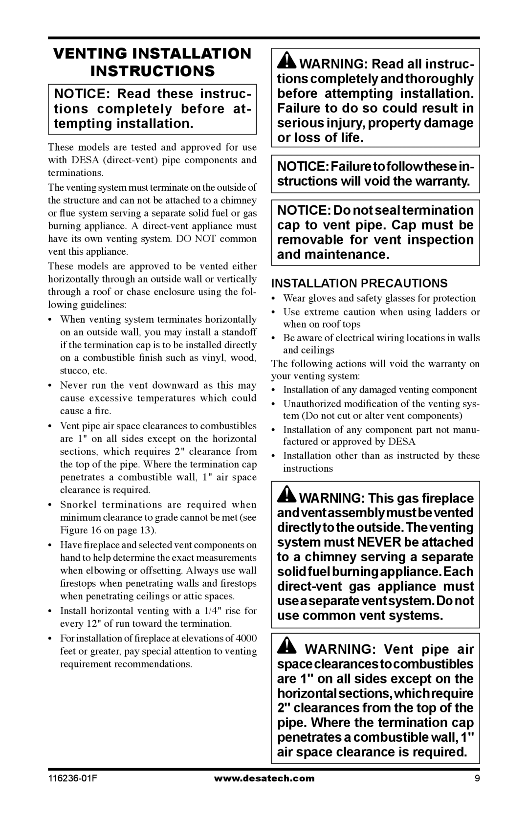 Desa CGCDV42NR, CGCDV42PR, VC42N, VC42P Venting Installation Instructions, Installation Precautions 