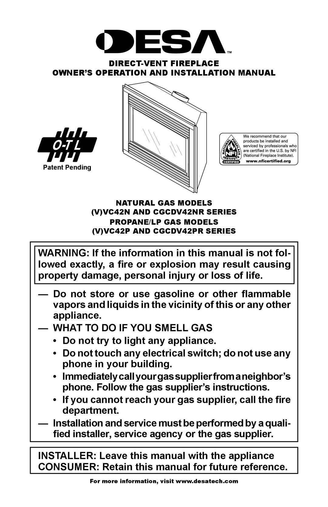 Desa CGCDV42PR, CGCDV42NR, (V)VC42P installation manual What to do if YOU Smell GAS, Patent Pending 