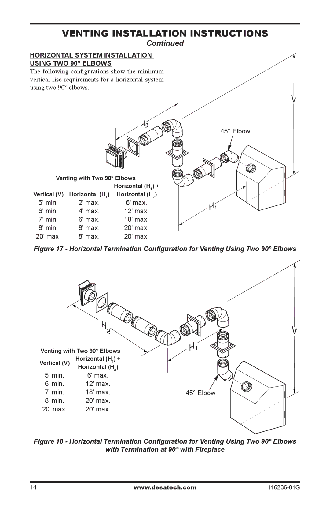 Desa (V)VC42P, CGCDV42NR, CGCDV42PR installation manual Horizontal System Installation Using TWO 90 Elbows 