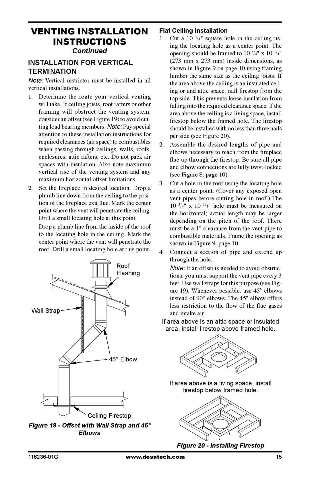 Desa CGCDV42NR, CGCDV42PR, (V)VC42P installation manual Installation for vertical termination, Flat Ceiling Installation 