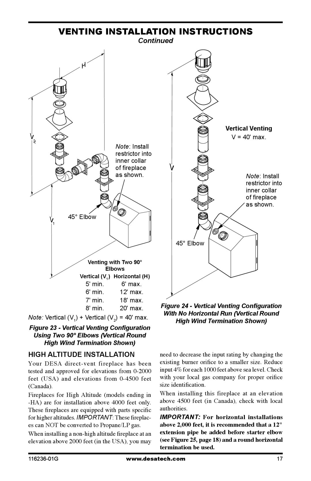 Desa (V)VC42P, CGCDV42NR, CGCDV42PR installation manual High Altitude Installation, Vertical Venting 