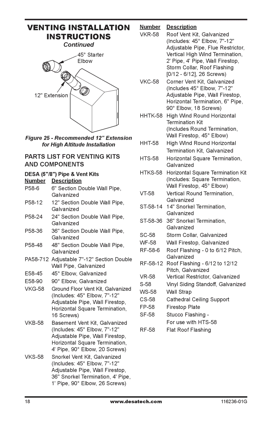 Desa CGCDV42NR, CGCDV42PR Parts list for venting kits and components, Desa 5/8 Pipe & Vent Kits Number Description 